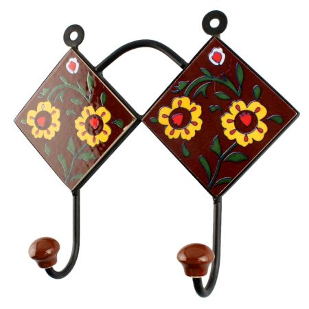 Brown Base Yellow Tiny Flower Ceramic Tile Hook